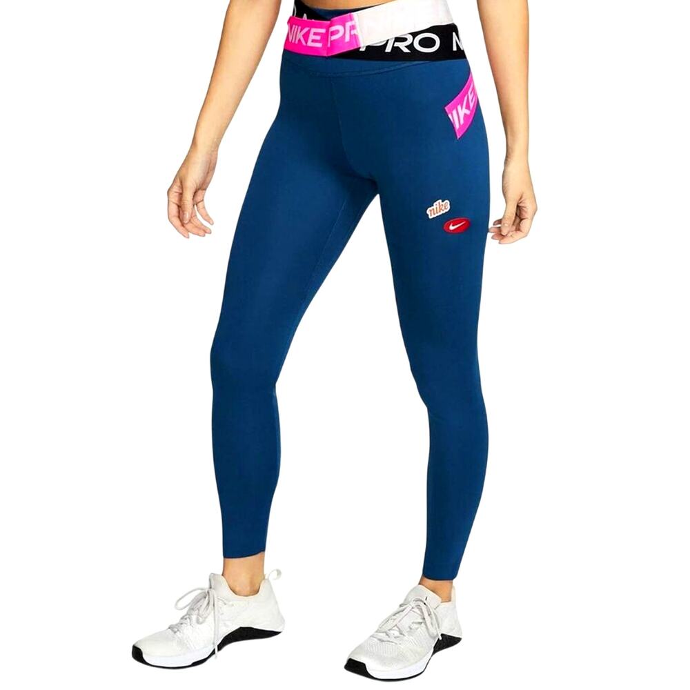 Nike Pro Dri-FIT Teal Blue Leggings Pink Crossover Logo Waistband Pocket Small